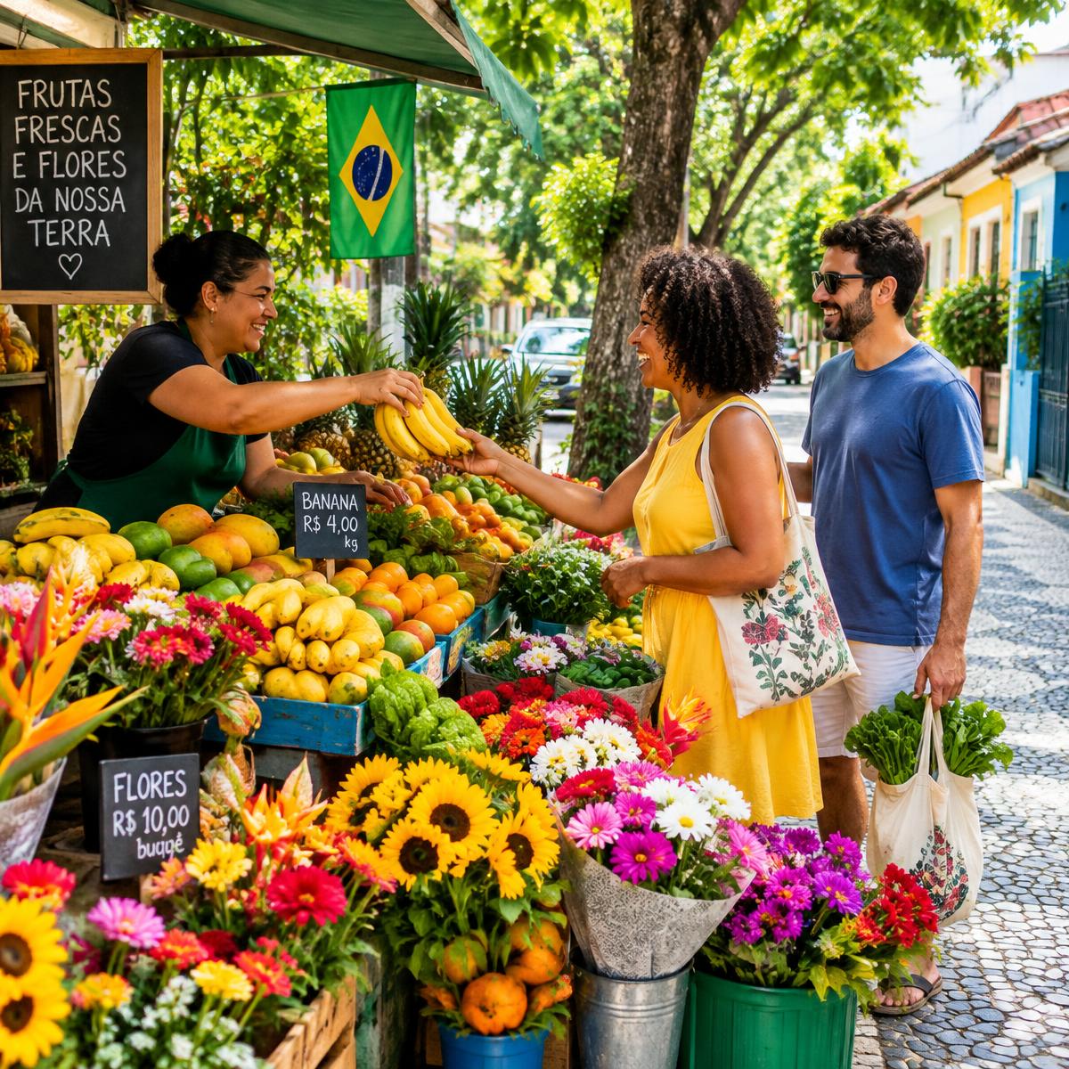 Moradores comprando frutas e flores em uma banca do bairro