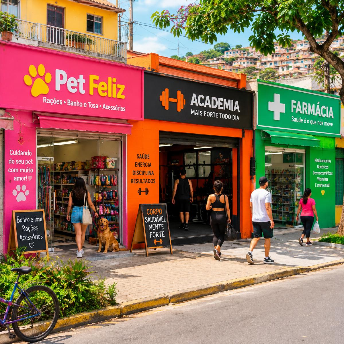 Fachadas coloridas de pet shop, academia e farmácia do bairro